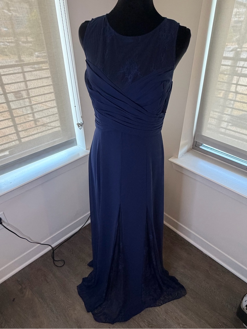 Lauren Ralph Lauren Navy Lace Ruched Formal Maxi Gown Dress Size 8